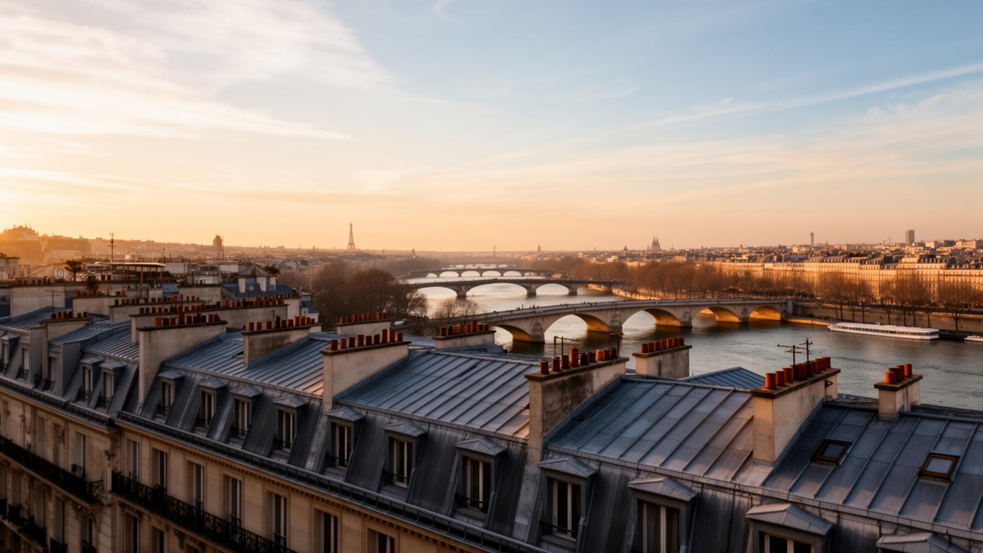 Diagnostic immobilier à Paris — Mon Diag Immo Toits haussmanniens de Paris au coucher de soleil avec la Seine en arrière-plan