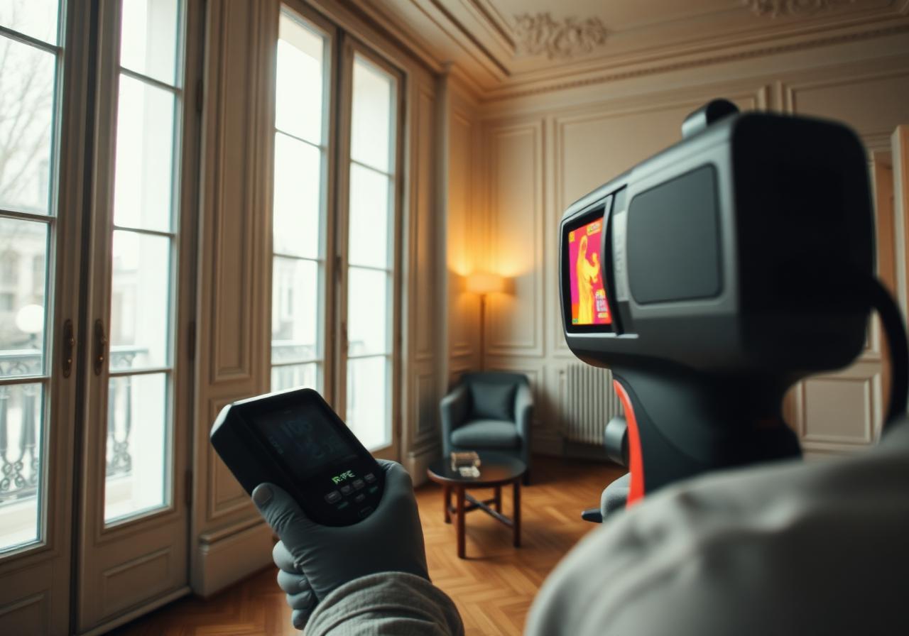 Diagnostiqueur réalisant un DPE dans un appartement haussmannien à Paris